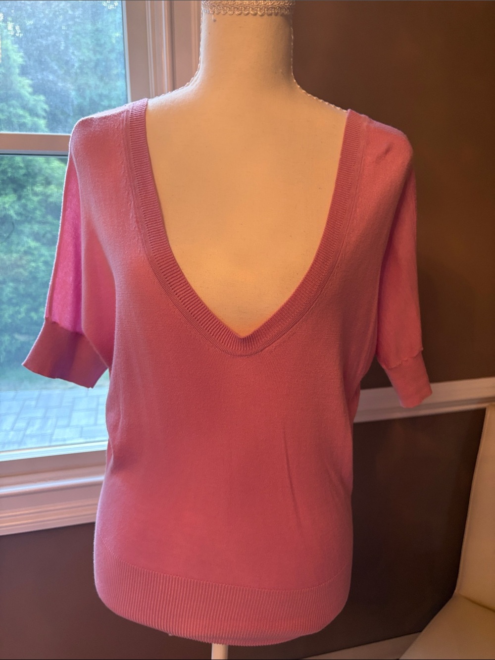 Express Pink Deep V-Neck Short Sleeve Sweater